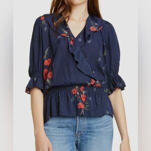 Joie Ottoline Navy Floral Print Embroidered Top